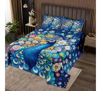 Manfei Juego de edredón de acuarela de pavo real para niños y niñas, colcha de estilo chino de plumas de pavo real, funda de cama de pintura al óleo, juego de ropa de cama azul y amarillo, colcha