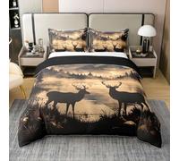 Manfei Juego de funda de edredón 100 % algodón con diseño de ciervo, tamaño doble, paisaje natural, pino, montaña, 3 piezas, funda de edredón de animales salvajes, decoración de habitación de niños y