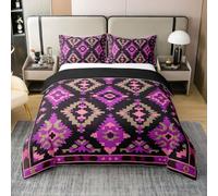 Manfei Juego de funda de edredón 100 % algodón con diseño de cuadrícula azteca, retro, morado, rosa, caqui, tribal, a cuadros, para niños, adolescentes y adultos, funda de edredón de estilo étnico