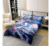 Manfei Juego de funda de edredón 100 % algodón de lobo blanco, tamaño doble, juego de ropa de cama de 3 piezas, diseño de árboles florales rosados, funda de edredón con temática de animales salvajes