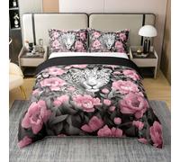 Manfei Juego de funda de edredón 100 % algodón, diseño de leopardo salvaje, tamaño King, 3 piezas, acuarela, rosa, gris, flores, para niños, adolescentes y adultos, funda de edredón africana, selva