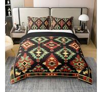 Manfei Juego de funda de edredón 100 % algodón étnico a cuadros retro, naranja, rojo, verde, para niños, adolescentes y adultos, estilo tribal del suroeste, funda de edredón, 1 funda de almohada (sin