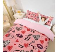 Manfei Juego de funda de edredón con diseño de corazón para niños, tamaño King, diseño romántico de labios y leopardo, decoración elegante para el día de San Valentín, funda de edredón rojo y rosa, 2