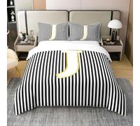 Manfei Juego de funda de edredón con inicial J tamaño doble, juego de edredón a rayas blancas y negras con 2 fundas de almohada, juego de ropa de cama con monograma negro del alfabeto para niños