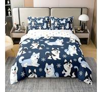 Manfei Juego de funda de edredón de 100 % algodón con diseño de perros lindos, diseño de husky de dibujos animados, para niños, niñas, adolescentes, decoración de copo de nieve blanco, 1 funda de