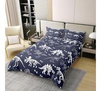 Manfei Juego de funda de edredón de 100 % algodón, tamaño individual, juego de ropa de cama de esqueleto de dinosaurio blanco, 2 piezas, funda de edredón con temática de animales salvajes antiguos