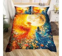 Manfei Juego de ropa de cama con diseño de luna y fénix, criaturas míticas, funda de edredón para niños y adolescentes, funda de edredón con pintura al óleo en acuarela, color azul dorado, 3 piezas