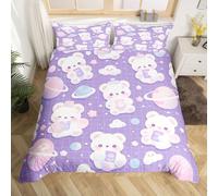 Manfei Juego de ropa de cama con diseño de oso de dibujos animados, cielo estrellado, funda de edredón para niños y adolescentes, funda de edredón con patrón geométrico de cuadrícula, color morado, 3