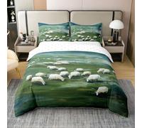 Manfei Juego de ropa de cama con diseño de ovejas para niños y niñas, diseño de rancho de pradera, pintura al óleo, animales de granja, color verde y blanco, decoración de dormitorio infantil, 2