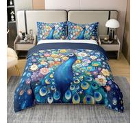 Manfei Juego de ropa de cama con diseño de pavo real y plumas de pavo real, estilo chino, funda de edredón con pintura al óleo, color azul y amarillo, decoración de dormitorio infantil, 2 piezas