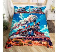 Manfei Juego de ropa de cama con diseño retro de tren de acuarela, funda de edredón para niños y adolescentes, diseño de locomotora de vapor, color marrón y azul, 2 piezas, tamaño individual, sin