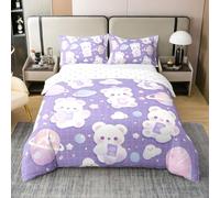 Manfei Juego de ropa de cama de oso lindo para niños y niñas, funda de edredón de cielo estrellado de ensueño de dibujos animados, funda de edredón con patrón geométrico de cuadrícula, color morado