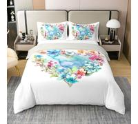 Manfei Juego de ropa de cama infantil floral en forma de corazón, 100 % algodón, diseño de mármol y flores botánicas en acuarela, funda de edredón vintage de granja, blanco, azul y verde, 2 fundas de