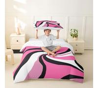 Manfei Juego de ropa de cama para niñas, diseño geométrico de vórtice, tamaño individual, obra de arte moderna, simple y elegante, decoración de habitación de retazos, color negro, blanco y rosa, 1