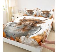 Manfei Juego de sábanas bajeras de 3 piezas, diseño de animales de las tierras altas, hojas de arce, calabazas otoñales, con 2 fundas de almohada, decoración de habitación de niños y niñas, ropa de