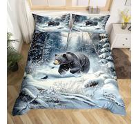 Manfei Lodge - Juego de ropa de cama con diseño de oso de cabaña, para niños, adolescentes, caza, animales salvajes, color gris y azul, 3 piezas, tamaño doble, sin edredón