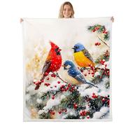 Manfei Manta colorida de pájaros, manta de forro polar con estampado de cardenales del norte, para niños, niñas, adultos, bayas rojas, hojas de acebo, mantas peludas de animales salvajes, manta Sherpa