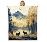 Manfei Manta de ciervo en acuarela, paisaje natural, pino, montaña, forro polar, diseño de animales, acogedora, para cama, sofá, decoración de habitación de niños y niñas, suave y transpirable (50 x