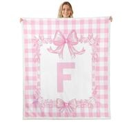 Manfei Manta de felpa con lazo, bonita manta de forro polar de franela del alfabeto F para niños, niñas y adolescentes, para todas las estaciones, romántica manta de cama a cuadros escoceses