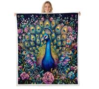 Manfei Manta de felpa de pavo real, manta de forro polar de franela de animales con flores de peonía para niños, niñas y adolescentes, para todas las estaciones, manta de cama de estilo chino de