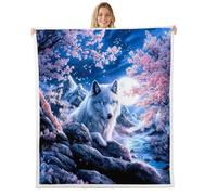 Manfei Manta de forro polar con diseño de lobo en acuarela y flores rosas, temática de animales salvajes, acogedora manta para cama, sofá, decoración de habitación de niños y niñas, suave y