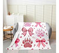 Manfei Manta de franela con lazo rosa de 50 x 60 pulgadas, diseño de cuadrícula de acuarela, para niños, niñas, mujeres, corazón rosa y rojo, beso, leopardo, patas, manta de cama para sala de estar