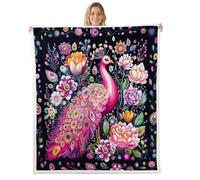 Manfei Manta de franela de forro polar de lujo de pavo real de 40 x 50 pulgadas, manta mullida de plumas de pavo real estilo chino para sofá, sofá, flores florecientes, mantas de cama para todas las