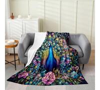 Manfei Manta de franela de pavo real de 40 x 50 pulgadas, manta mullida de flores de peonía para sofá, sofá, plumas de pavo real, estilo chino, para todas las estaciones, manta de felpa ligera, color