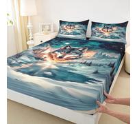 Manfei Sábana bajera ajustable de 2 piezas, diseño de lobo gris, con temática de animales salvajes, con 1 funda de almohada, decoración de habitación infantil y niña, suave (sin plana)