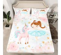 Manfei Sábana bajera ajustable de princesa, tamaño individual, lindo unicornio y bailarina, juego de ropa de cama para niñas, princesa, funda de cama de flores de acuarela con 1 funda de almohada,