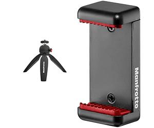 Manfrotto PIXI Minitrípode, para Cámaras CSC,DSLR de Nivel de Entrada, Material Adapto, Negro, MTPIXIMII-B & MCLAMP Attacco per Smartphone, Grigio