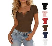 Manga Corta Ajuste De Encaje Slim Fit Tops Mujeres Y2K Botón hasta Encaje Patchwork Crop Camiseta Cuello Redondo Camisa De Verano(Coffee,S)
