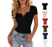 Manga Corta Ajuste De Encaje Slim Fit Tops Mujeres Y2K Botón hasta Encaje Patchwork Crop Camiseta Cuello Redondo Camisa De Verano(Black,2XL)