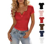 Manga Corta Ajuste De Encaje Slim Fit Tops Mujeres Y2K Botón hasta Encaje Patchwork Crop Camiseta Cuello Redondo Camisa De Verano(Red,M)