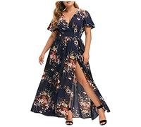 Manga corta Boho Floral Maxi Verano Escote en V Plus Fiesta Vestido de Mujer, marine, 3XL