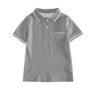 Manga Corta Casual Rayas Caballero Tops Adolescente Vacaciones Camisas Camiseta Con Bolsillo, gris oscuro, 3-4 años