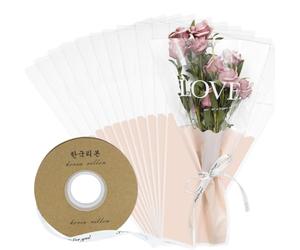 Manga de rosa individual, 50 bolsas de embalaje de ramo individuales con 1 rollo solo para usted cinta blanca de plástico rosa con amor impreso bolsas de flores para boda, aniversario, día de San