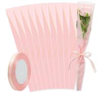 Manga de rosa única, 50 bolsas de embalaje de ramo de flores individuales con borde dorado con 1 cinta para boda, cumpleaños, aniversario, día de San Valentín, día de la madre, 17.7 x 4.7 pulgadas