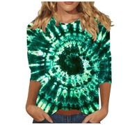 Mangas 3/4 Tops para Mujer 2025 Camisa Batik de Moda Camisetas sueltas de talla grande Casual Blusas Cuello Redondo Trajes Gasa Cape, verde, S