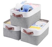 Mangata 3 cestas de almacenamiento de tela, caja de almacenamiento, armario, cesta, cesta de almacenamiento con asa de piel para juguetes, armarios, estantes, ropa (M, gris y blanco)