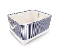 Mangata Caja de Almacenamiento de Tela, Cesta de Almacenamiento de Lona Engrosada Plegable con Asas de Cuerda para Ropa, Juguetes (Rayas Azules, Large)