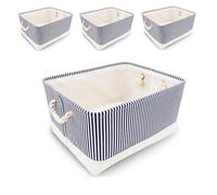 Mangata Caja de almacenamiento plegable, cesta de almacenamiento de tela gruesa con asas para estantes de juguetes(paquete de 4, Azul Rayas, L)
