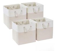 Mangata Cajas de Almacenaje, 25x25x25cm Cestas Almacenaje de Tela para Ropa, Armarios, Estantes, Juguetes,(Beige Claro/Blanco, 4 Pack)