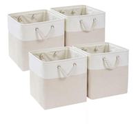 Mangata Cajas de Almacenaje, 28x28x28cm Cestas Almacenaje de Tela para Ropa, Armarios, Estantes, Juguetes,(Beige Claro/Blanco, 4 Pack)