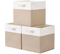 Mangata Cajas de almacenamiento de 25x25x25cm, cestas de almacenamiento de tela para cubos de ropa, cestas, cofres, juguetes (Caqui claro/Blanco, 3 piezas)