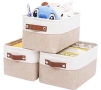 Mangata Cajas de almacenamiento de tela, [paquete de 3] Cesta de almacenamiento con asas para ropa interior, calcetines, toallas (pequeño, caqui claro/blanco)