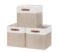 Mangata Cajas de almacenamiento plegables, cestas de almacenamiento de tela tejida de lino, organizador de armario con asas de cuero (caqui claro y blanco)