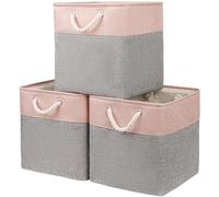Mangata Canastas de almacenamiento de tela, 33 x 38 x 33 cm, grandes cajas de almacenamiento plegables para organizar la ropa, estantes, guarderías (gris/rosa, juego de 3)