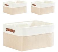 Mangata Cestas de almacenamiento plegables con asa de cuero, 3 paquetes, caja de tela de lona gruesa para juguetes, ropa, hogar, lavandería (caqui claro/blanco, L)