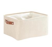 Mangata Cestas de almacenamiento plegables con mango de cuero, de tela de lino grueso, para armario, ropa interior, libros, cosméticos (caqui, pequeño)